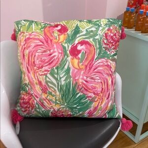 Lilly Pulitzer Flamingo Tropical Print Throw 24x24 inch Pillow with Pink Tassels